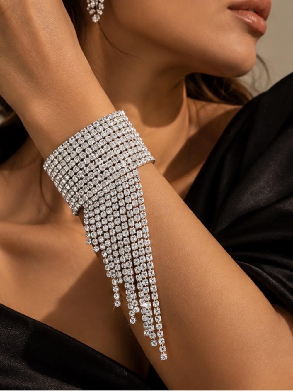 Silver Crystal Fringe Cuff Bracelet